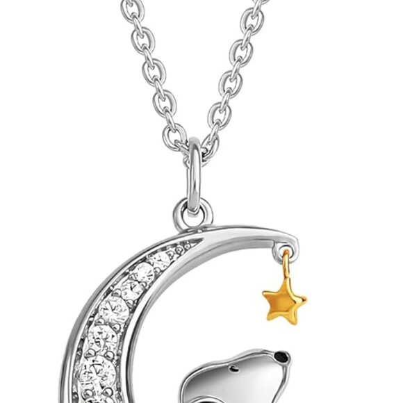 Women's Snoopy Necklace Brass 18-Inch Cubic Zirconia Moon Star Gift - Picture 1 of 6